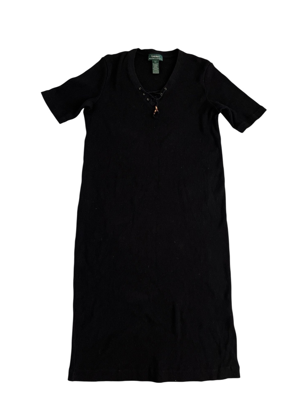 Vintage Ralph Lauren Black Short-Sleeve Lace-Up ribbed Knit Midi Dress